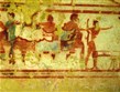 Itálie - Lazio - Tarquinia, Hrobka 5513, detail hodovní scény, muži leží a ženy za nimi stojí, památka UNESCO