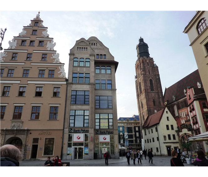 Wroclaw, město sta mostů a město kultury a 2017 - Polsko - Vratislav, vlevo dům U Gryfů, vpravo kostel sv.Alžběty Maďarské