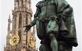 Brusel, Bruggy, Antverpy, Rubens a barokní průvod 2018 - Belgie - Antverpy,  P.P.Rubens a věž katedrály, památka UNESCO (zvonice Flander), první Vlám co měl sochu, W.Geefts, 1843