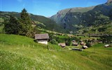 Grindelwald - Švýcarsko - rozptýlené domy tvoří dohromady osadu Grund, součást Grindelwaldu