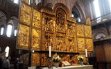 Dánsko, Kodaň, ráj ostrovů a gurmánů 2020 - Dánsko - Domkirke, oltář s výjevy ze života Krista, pozlacený dub